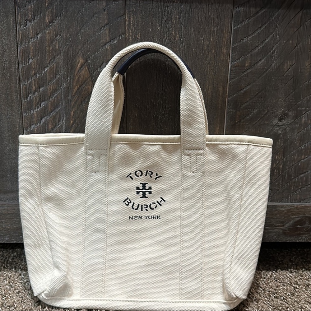 Tory Burch Ivory Canvas Tote with Black Logo